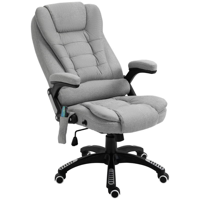 Light grey fabric heated massage recliner office chair with padded armrests, high back and remote
