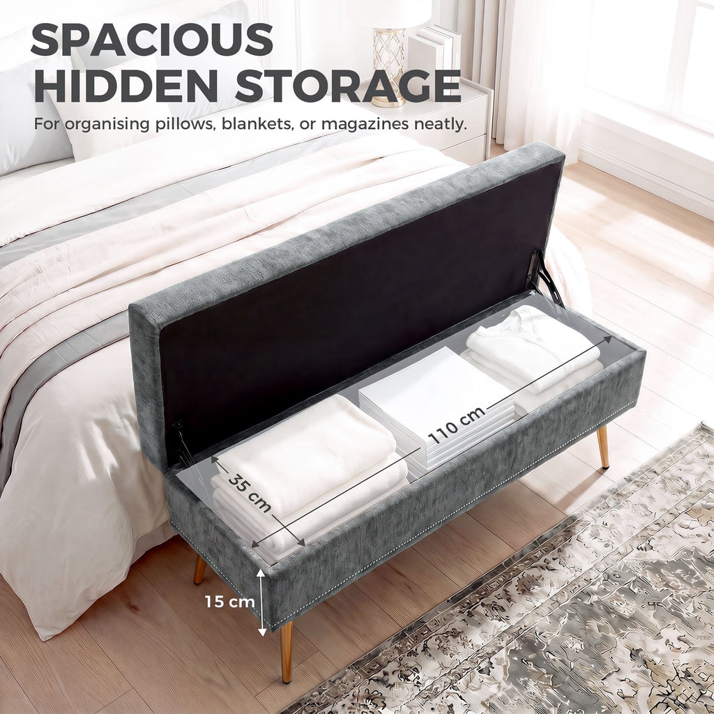 Storage Ottoman, Chenille Upholstered Ottoman Storage Box with Padded Seat, Metal Legs, 114 x 41 x 45 cm, Grey