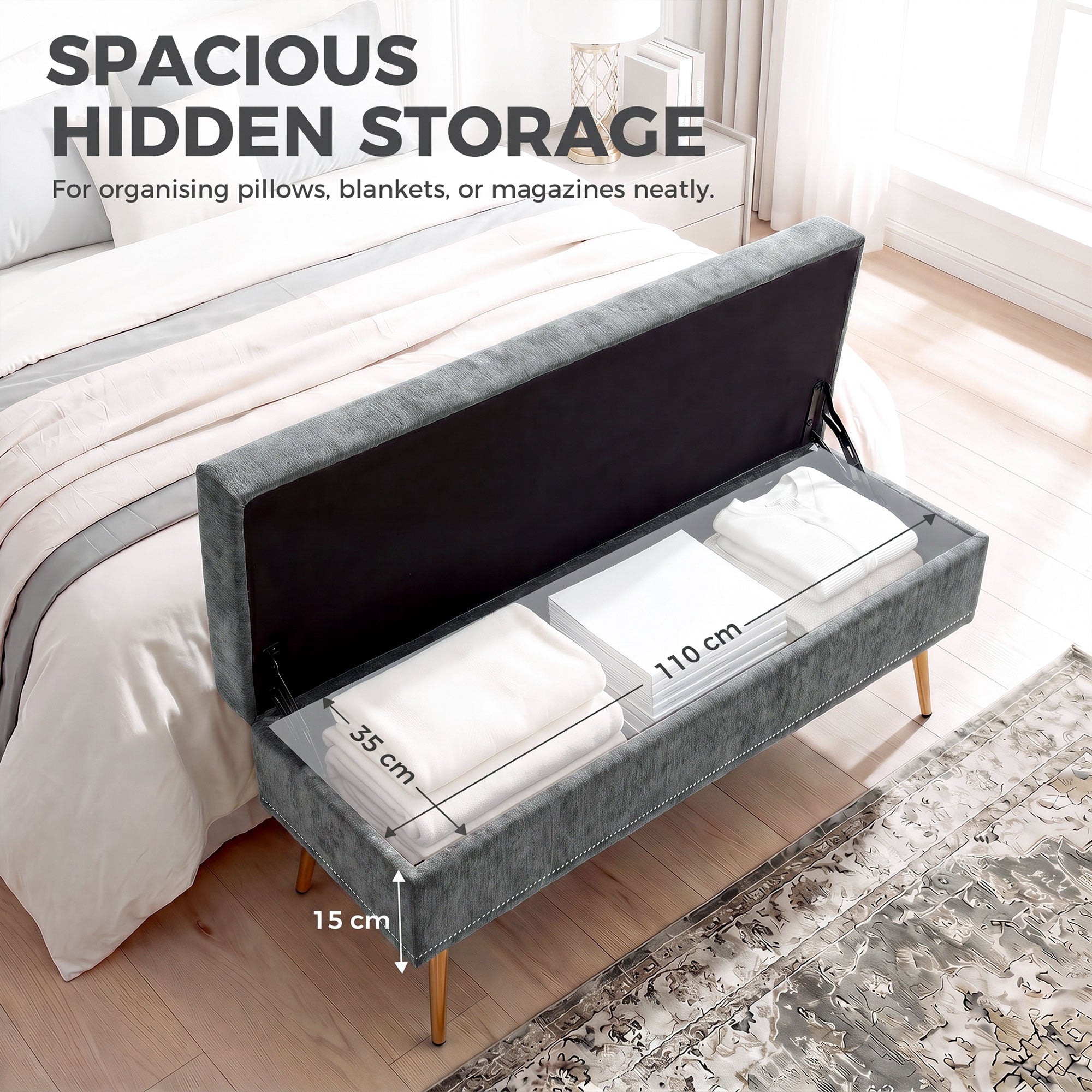 Storage Ottoman, Chenille Upholstered Ottoman Storage Box with Padded Seat, Metal Legs, 114 x 41 x 45 cm, Grey