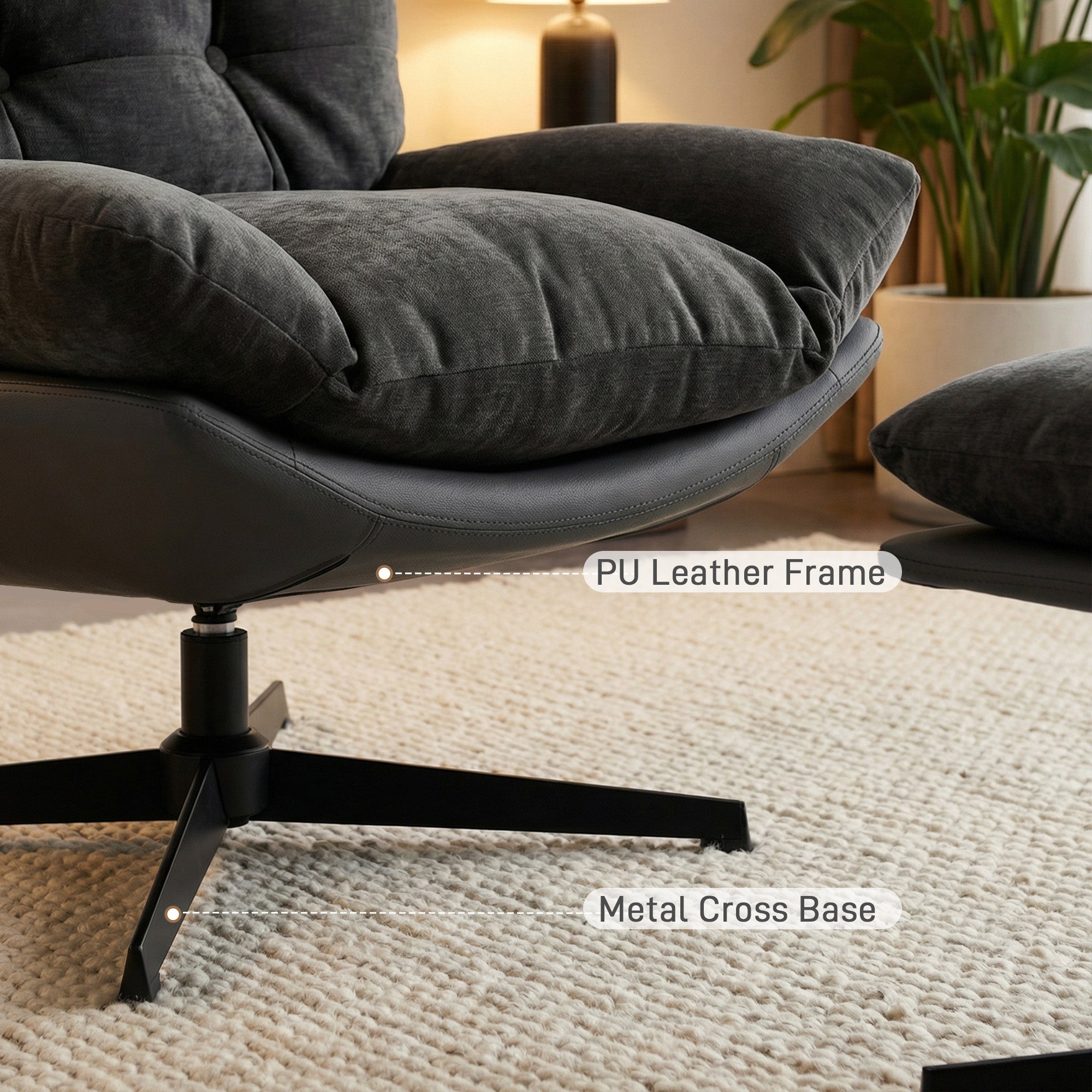 Accent Chair with Footstool, Swivel Lounge Chair with Chenille Upholstery, Metal Base, Dark Grey