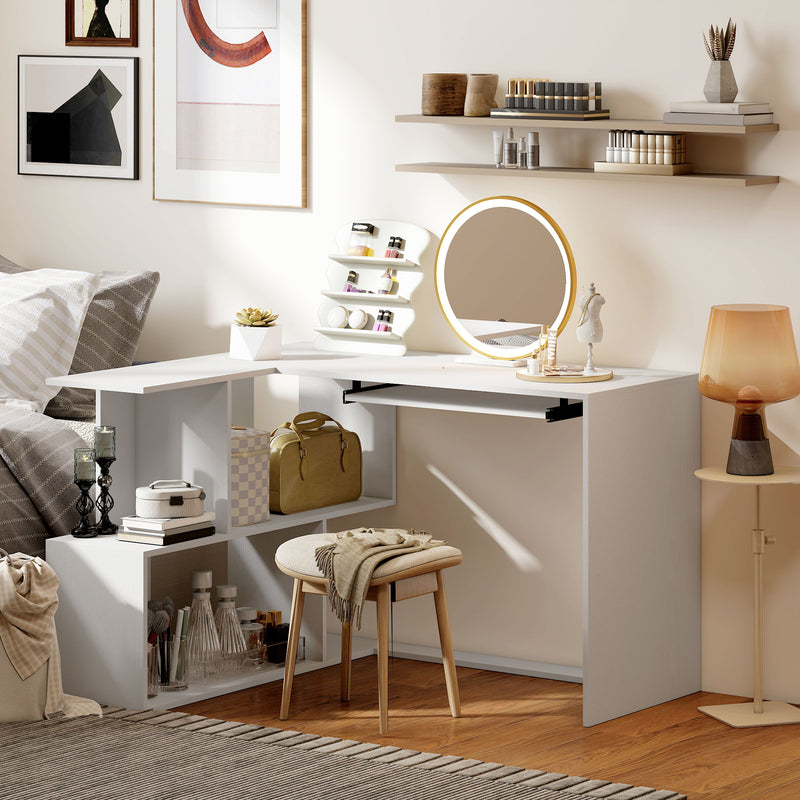 HOMCOM L-Shaped Corner Desk, Computer Desk with Keyboard Tray and Open Shelves, White Wood Effect – view 8