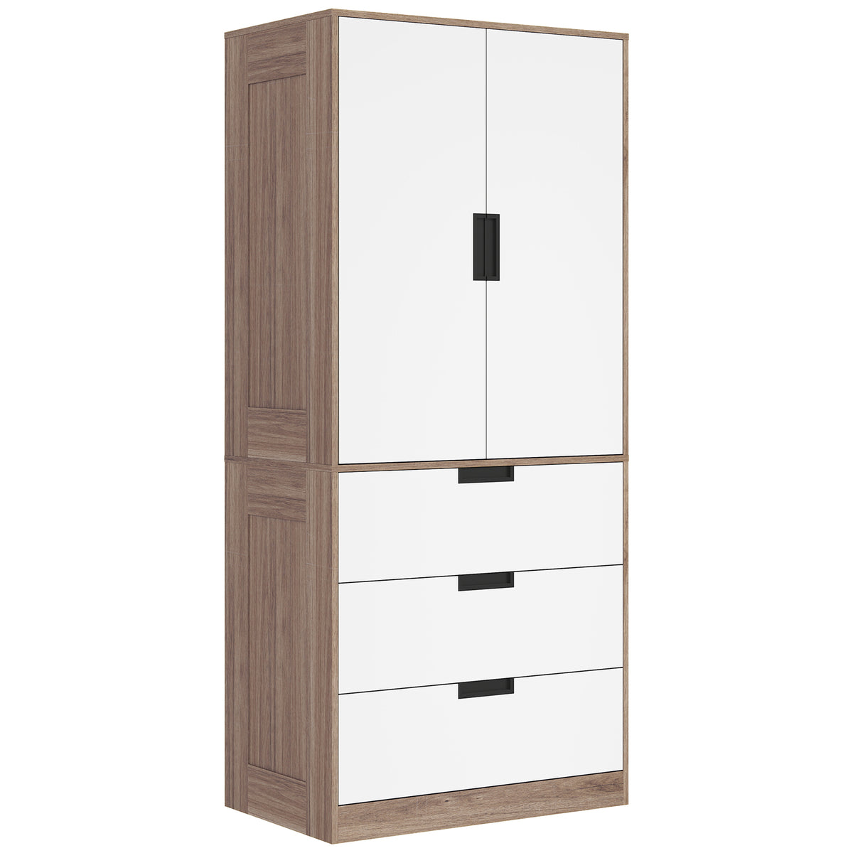 Modern double wardrobe with 3 drawers and hanging rail in white and brown