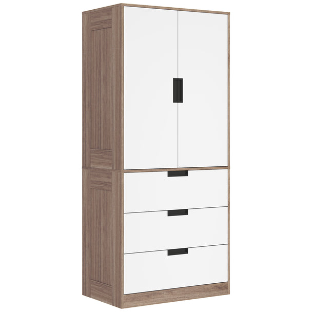 Modern double wardrobe with 3 drawers and hanging rail in white and brown