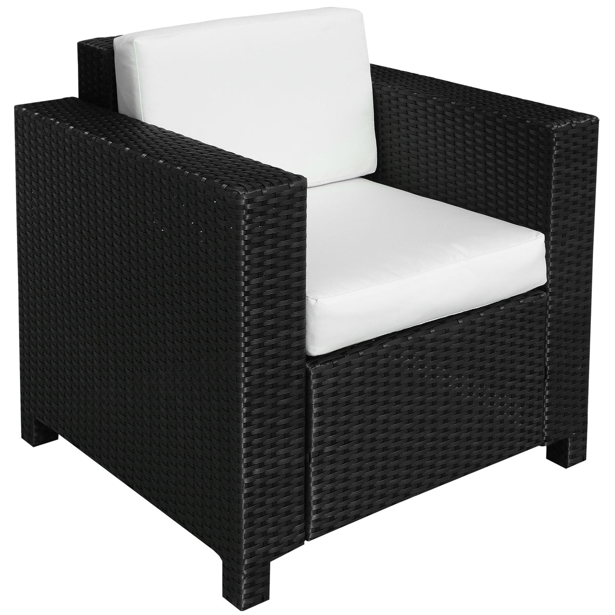 Black rattan garden armchair with thick cream white cushions