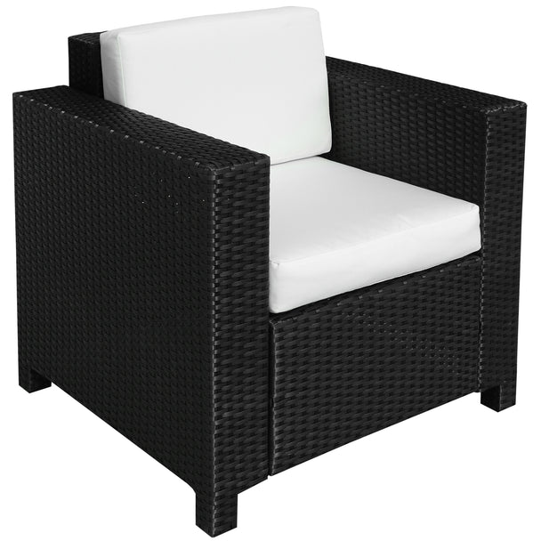 Black rattan garden armchair with thick cream white cushions