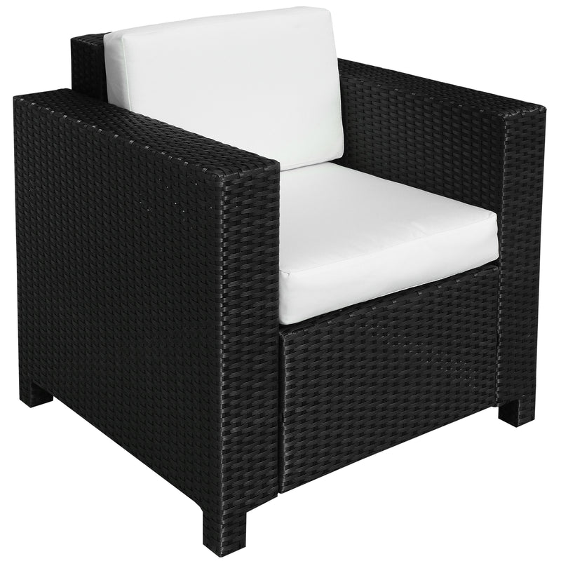 Black rattan garden armchair with thick cream white cushions