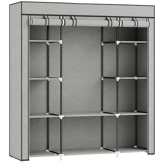 Light grey foldable fabric wardrobe with hanging rail, ten shelves and roll-up zipped doors