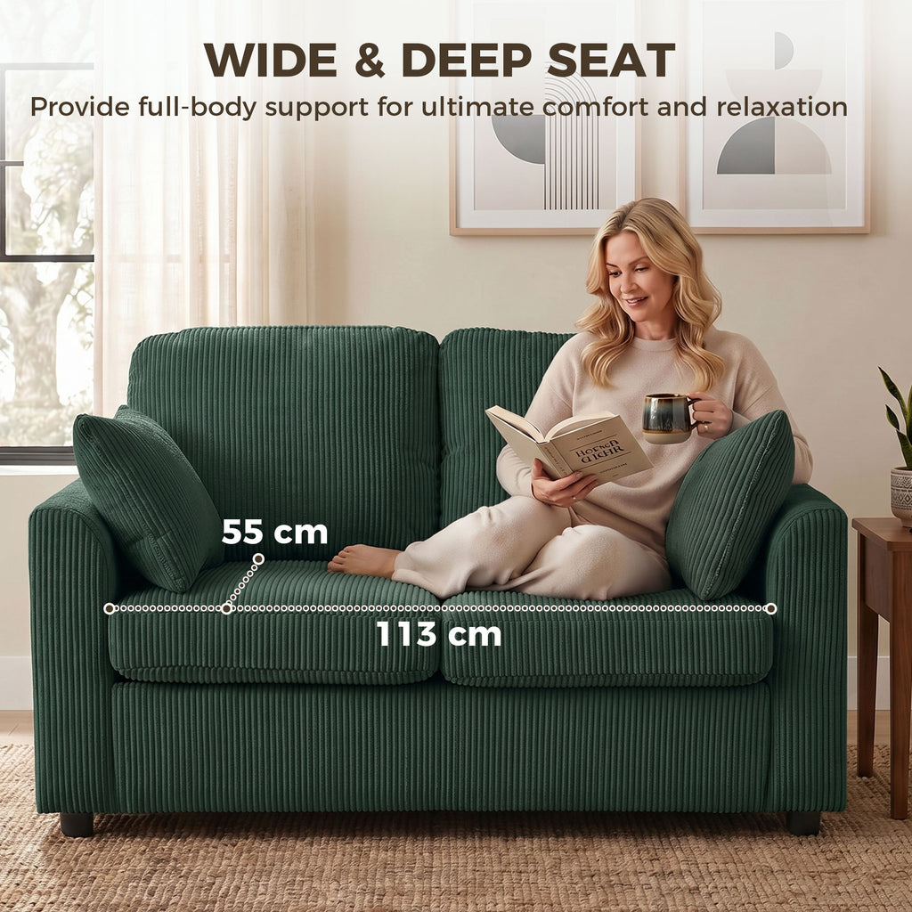 2 Seater Sofa, Corduroy Small Couch with Spring Cushion, Wide and Deep Seat, Dark Green