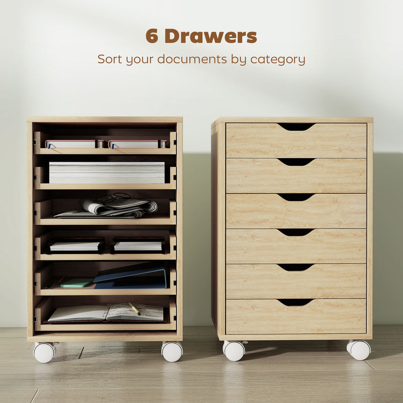 HOMCOM 6 Drawer Vertical File Cabinet, Mobile Filing Cabinet with Quiet Drawers and Wheels with 2 Brakes, Oak Wood – view 4