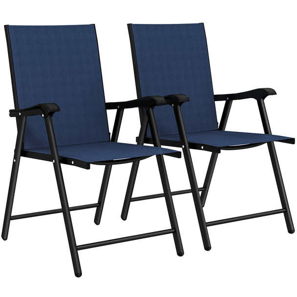 Outsunny Folding Garden Chairs Set of 2, Foldable Garden Dining Chairs with High Back, Armrests, Texteline Seat, Navy