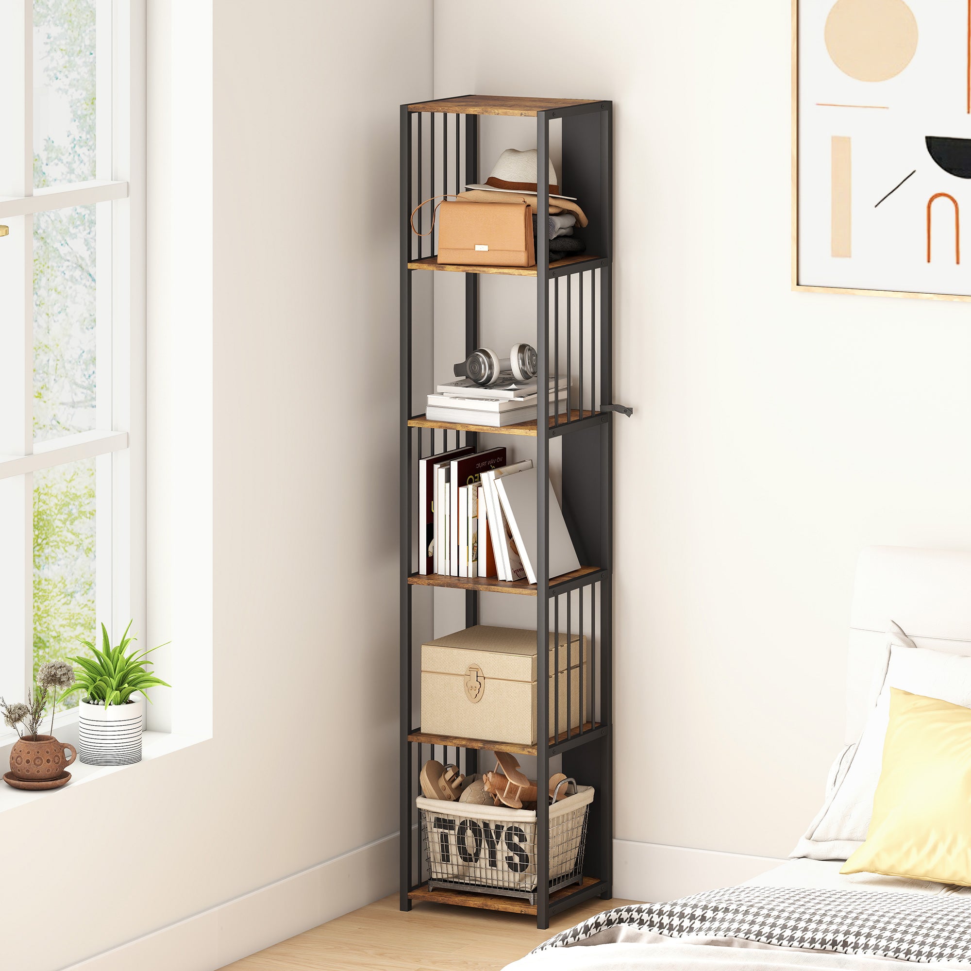 5-Tier Bookshelf with Steel Frame - Rustic Brown