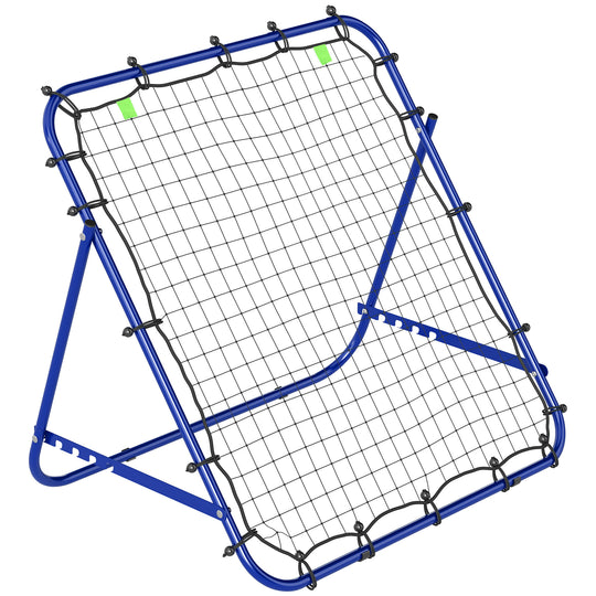 Blue lightweight football rebounder net on steel frame with adjustable rear support