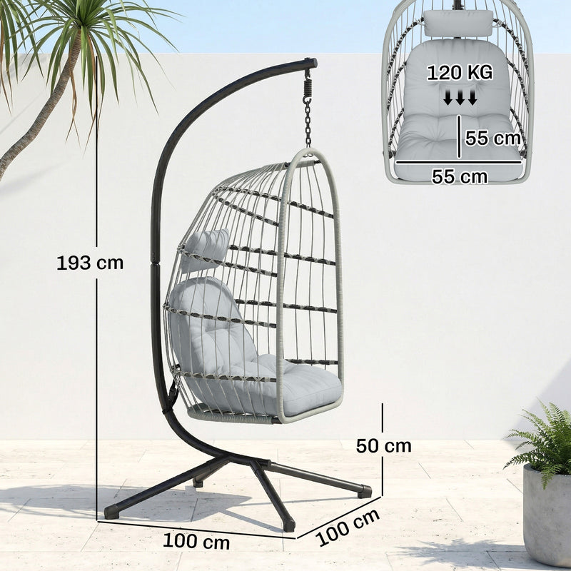Outsunny Hanging Egg Chair, Indoor Outdoor Hammock Swing Chair with Stand, Safety Strap, Foldable Basket, Light Grey – view 3