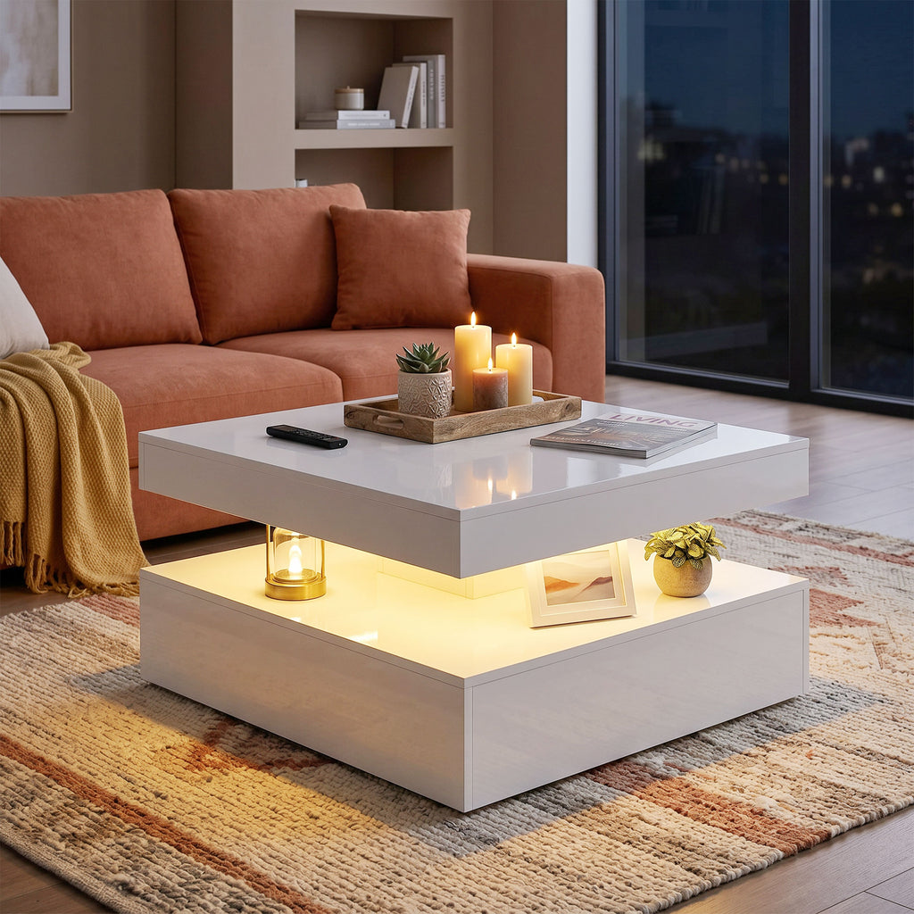 LED Coffee Table with Storage, 2-Tier Modern Centre Table with Open Shelf and Remote for Living Room, High Gloss White