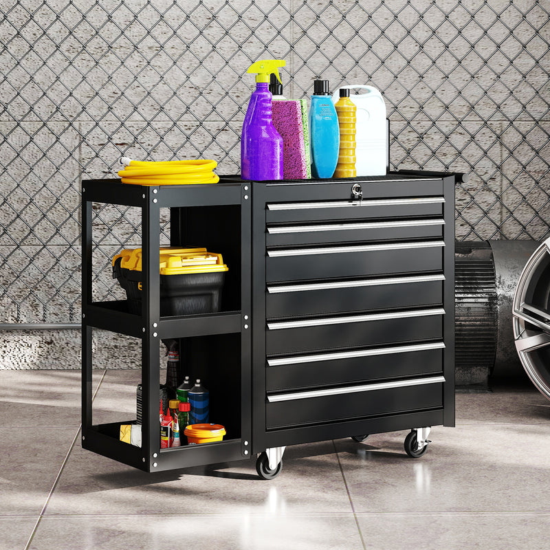 7-Drawer Lockable Rolling Tool Chest with Side Shelf – Black – image 2 of 9