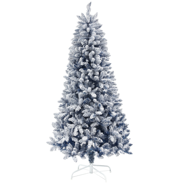 6ft blue artificial Christmas tree with snow-flocked branches