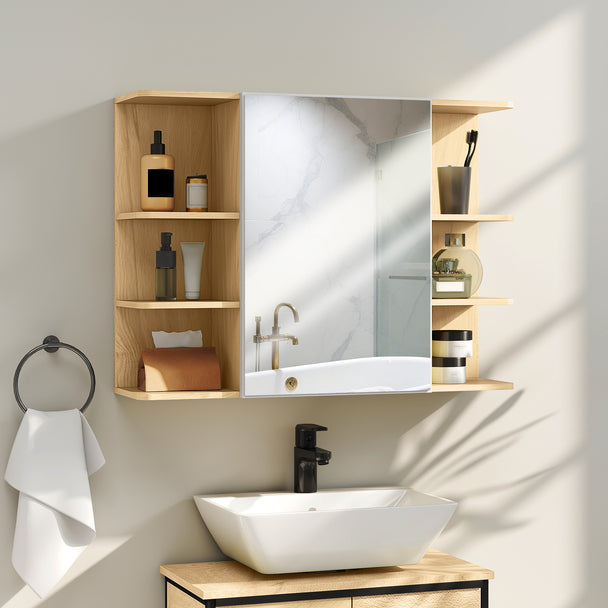 HOMCOM Bathroom Mirror Cabinet with Open Storage Shelves - Natural Wood Finish – view 2