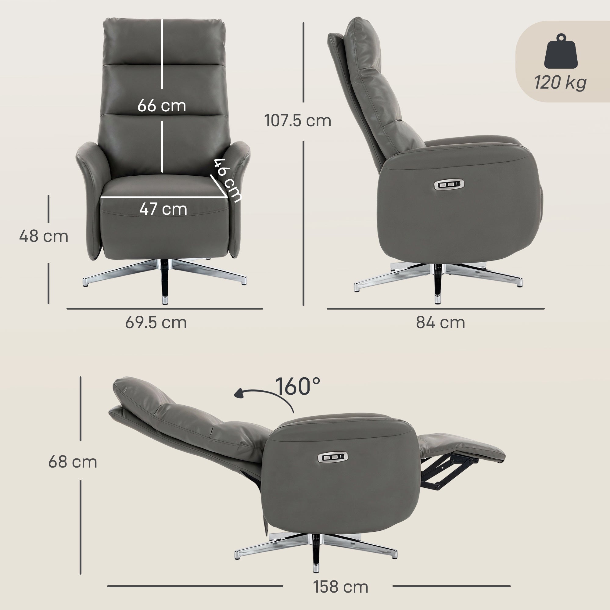 Power Recliner Chair, Swivel Electric Reclining Chair with Type C+USB, Recliner Armchair with Footrest, Dark Grey