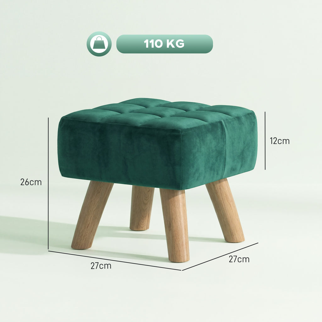 Velvet Square Padded Footstool - Dark Green