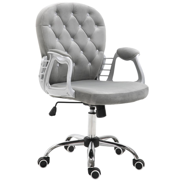 Grey velvet swivel desk chair with diamanté-studded curved back, armrests and chrome base