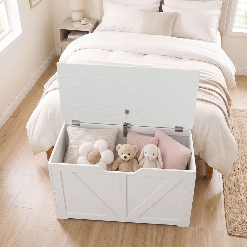 HOMCOM 100L Home Storage Box, with Safety Hinge - White Wood-Effect – view 9