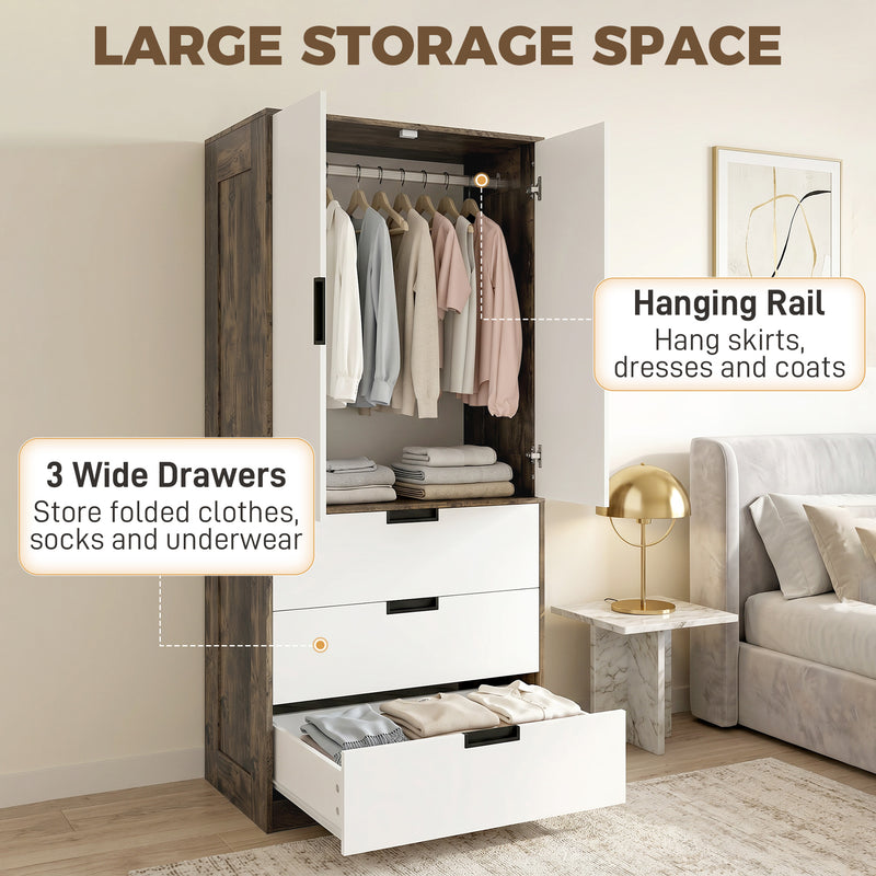 HOMCOM Modern Clothes Storage Cupboard Unit, 3 Drawer 2 Door Wardrobe with Hanging Rod, Rustic Brown – view 4