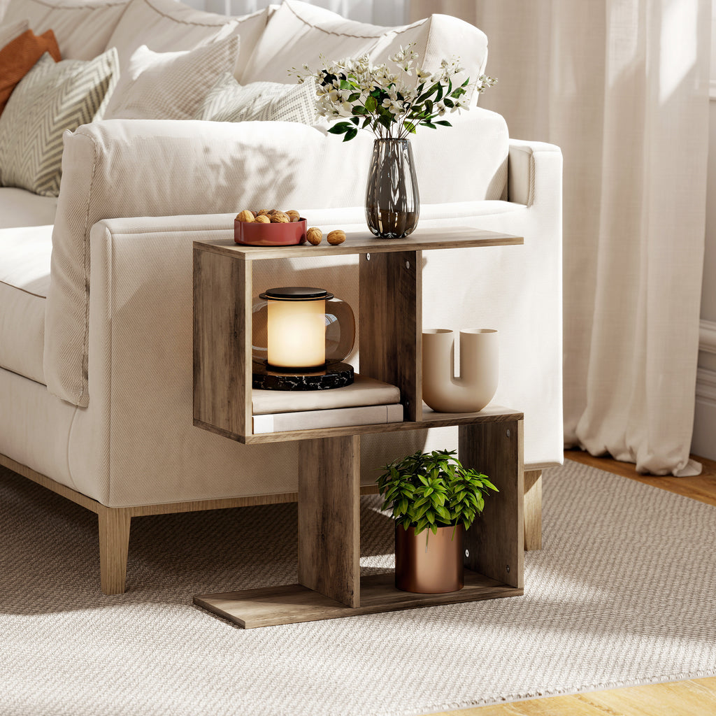 Side Table, Narrow End Table with Storage Shelves, S-Shaped, 3-Tier, 50W x 19.5D x 58H cm, Oak