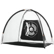 Black and white 2 m golf practice net with target cloth set up on a lawn
