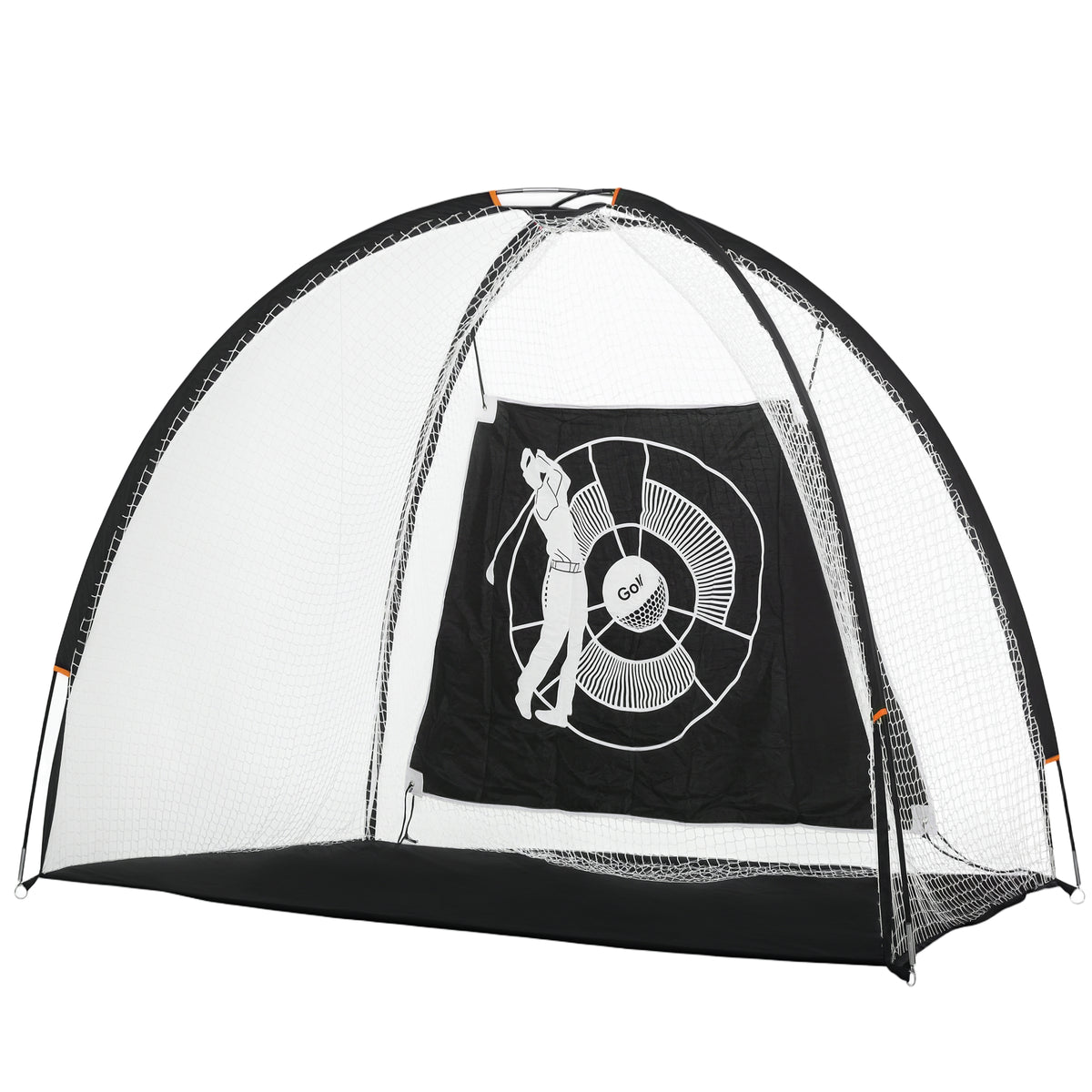 Black and white 2 m golf practice net with target cloth set up on a lawn