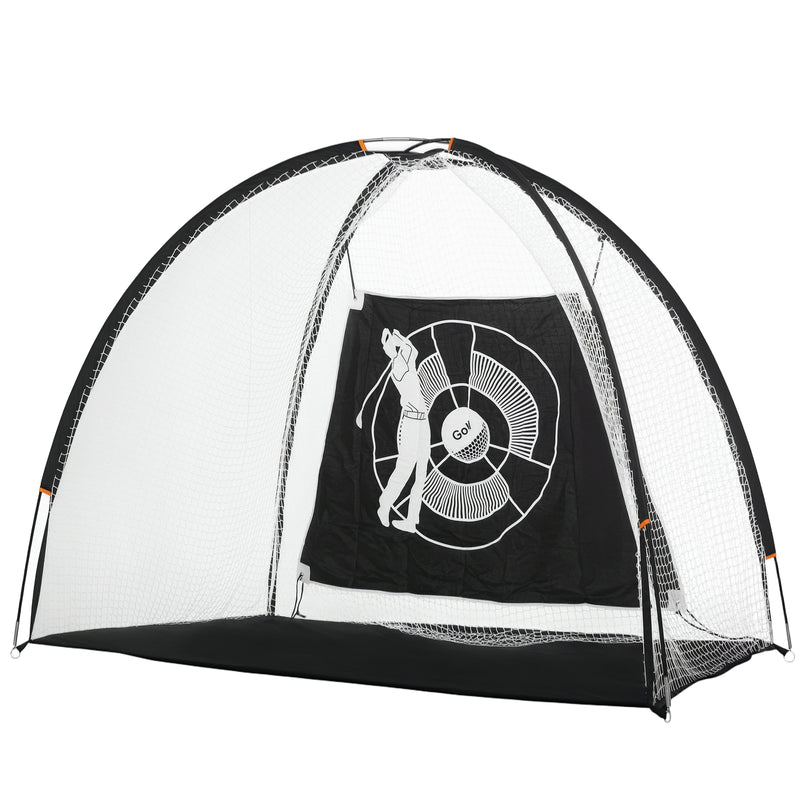 Black and white 2 m golf practice net with target cloth set up on a lawn