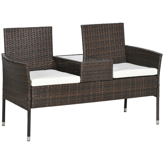Brown 2-seater rattan bench with cream cushions and glass-top middle table