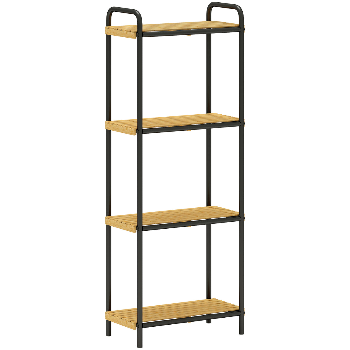 4-tier freestanding bathroom shelf unit with slatted bamboo shelves and black steel frame