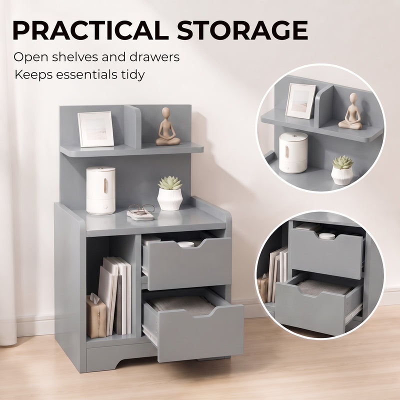 HOMCOM Bedside Table, Small Bedside Cabinet with 2 Drawers and Storage Shelves, Modern Nightstand for Bedroom, Grey – view 5