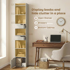 Bookcase Tall Narrow with 5 Tiers and Drawers Freestanding Bookshelf Storage Cabinet for Living Room Grey