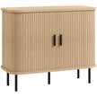 Oak-tone mid-century sideboard with slatted tambour sliding doors and black steel legs