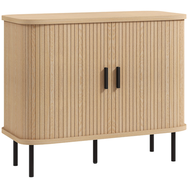 Oak-tone mid-century sideboard with slatted tambour sliding doors and black steel legs