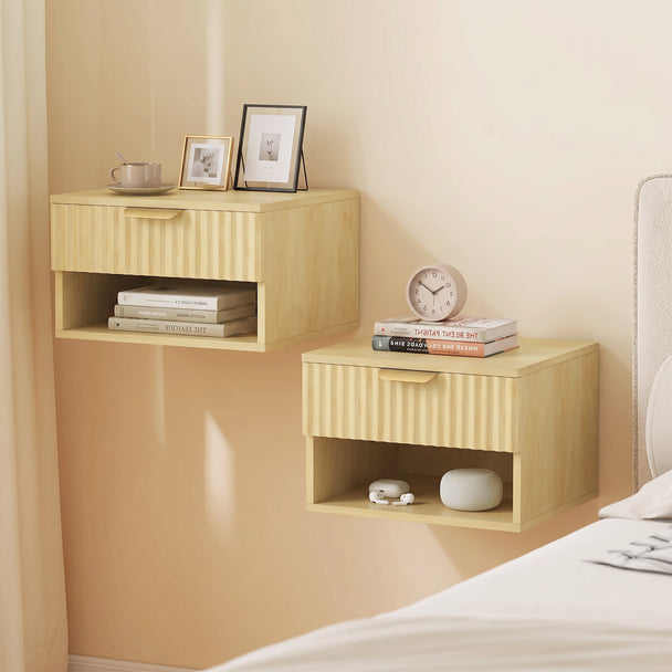 HOMCOM Floating Nightstands Set of 2, Modern Wall-Mounted Bedside Tables with Fluted Drawer and Open Shelf for Bedroom – view 2