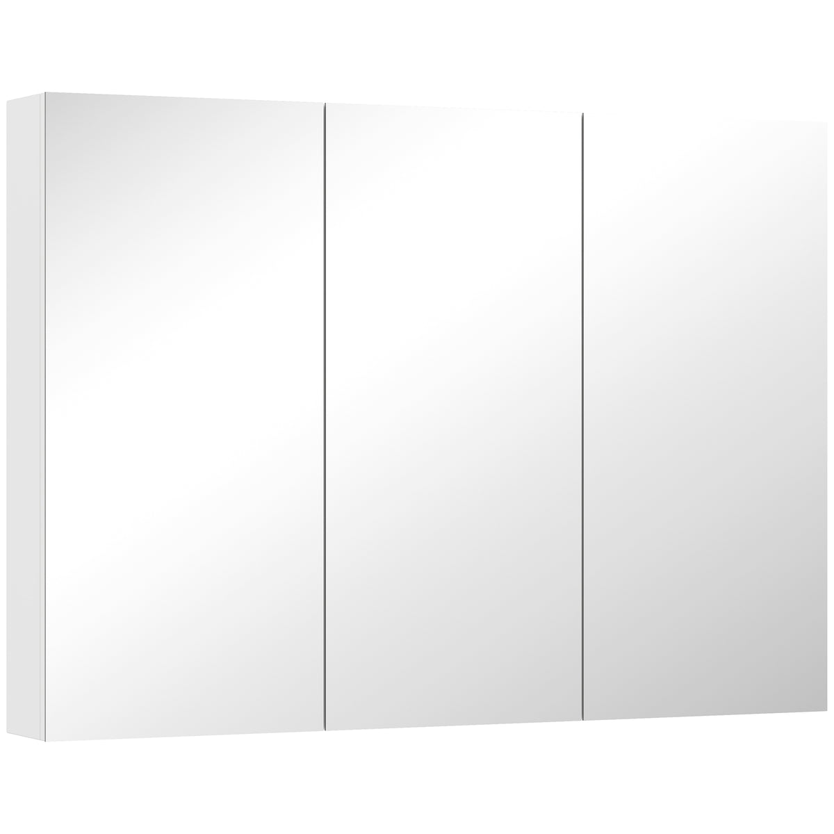 White wall-mounted bathroom cabinet with three mirrored doors and adjustable inner shelves