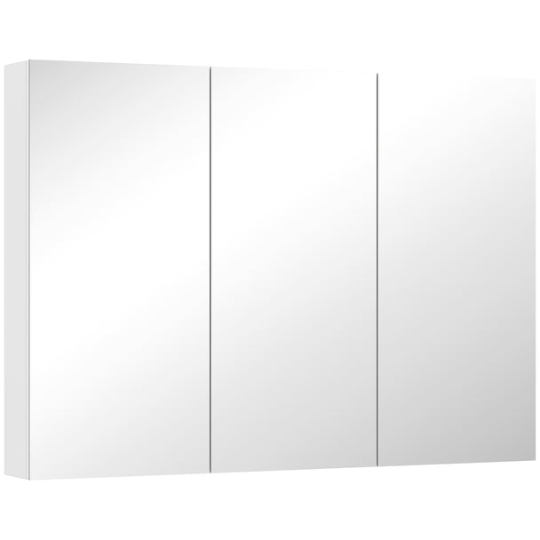 White wall-mounted bathroom cabinet with three mirrored doors and adjustable inner shelves