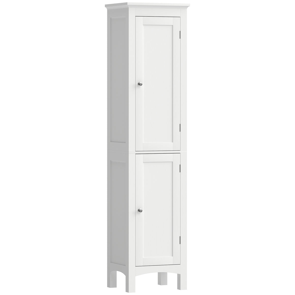 White tall slim bathroom cabinet with two enclosed cupboards and raised legs
