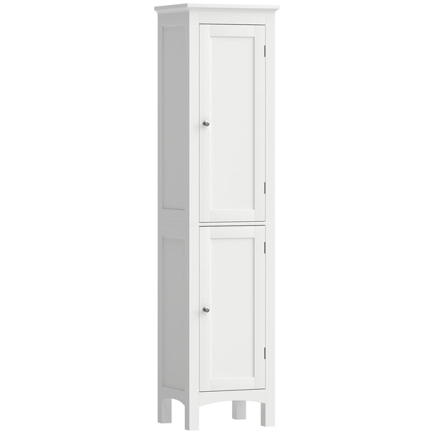 White tall slim bathroom cabinet with two enclosed cupboards and raised legs
