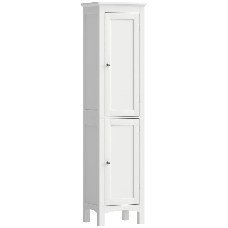 White tall slim bathroom cabinet with two enclosed cupboards and raised legs
