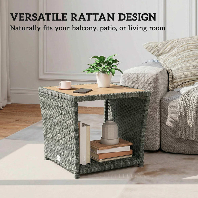 Outsunny Side Table 2-Tier Outdoor Coffee Table with Storage Shelf PS Wood Slat Top/Light Grey – view 8