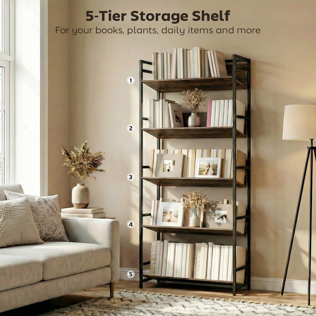 Bookshelf 5-Tier Metal Frame Room Divider Bookcase Storage Shelves for Living Room Rustic Brown