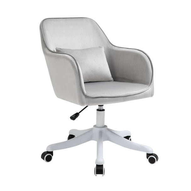 Grey velvet-feel tub desk chair with armrests, massage lumbar pillow and swivel wheels