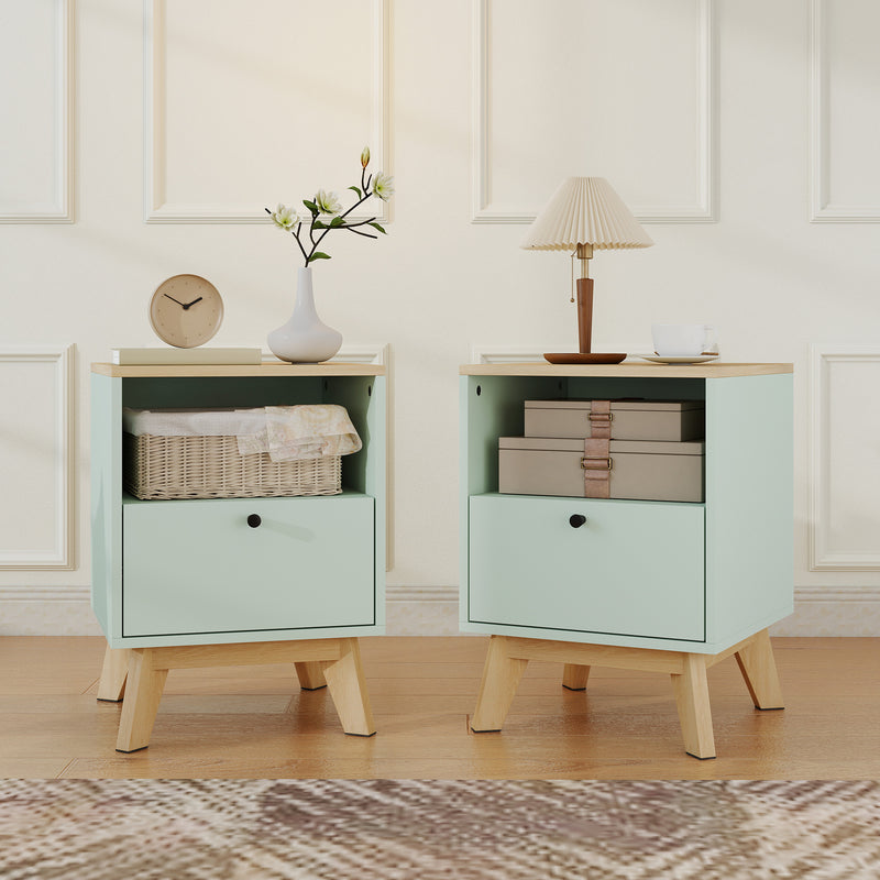 HOMCOM Modern Nightstand Set of 2, Bedside Table with Drawer and Open Shelf, Side End Table for Bedroom, Light Green – view 2