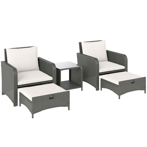 5-piece grey rattan armchair set with cream cushions, ottomans and 2-tier glass table