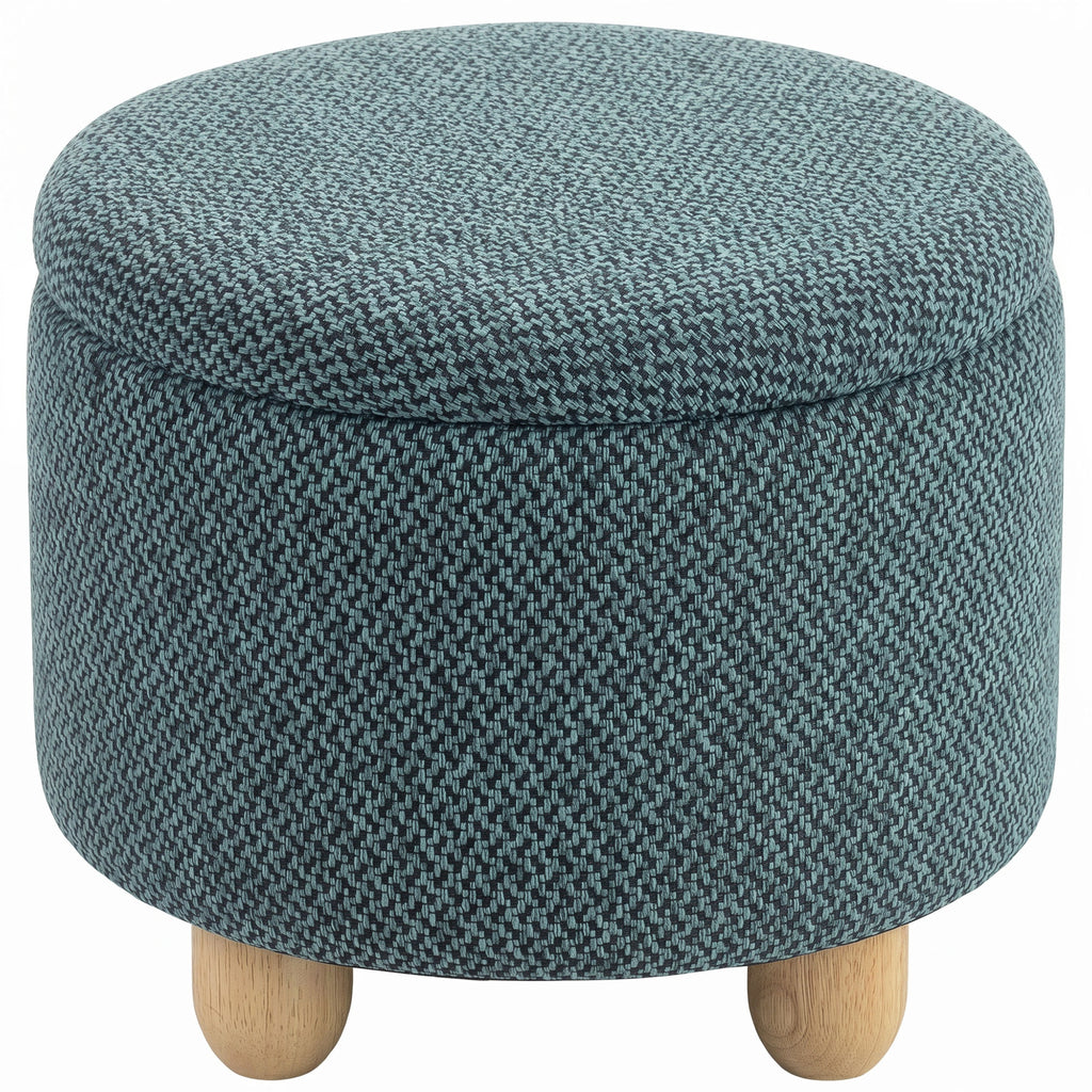 Storage Sitting Bench with Lid, Round Storage Ottoman with Rubberwood Legs, Dark Blue
