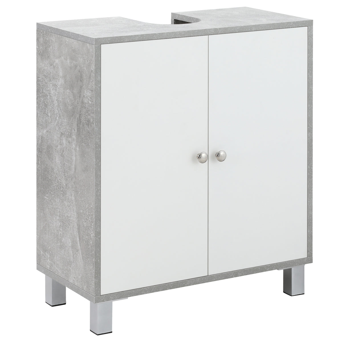 White and grey marble-effect under sink bathroom vanity cabinet with U-shaped cut-out