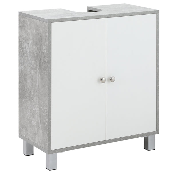 White and grey marble-effect under sink bathroom vanity cabinet with U-shaped cut-out